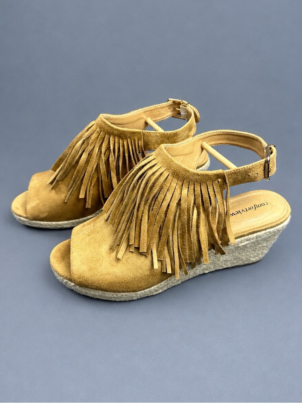 Comfortview Diane 11WW Tan Fringe Boho Espadrille Wedge Sandals Extra Wide